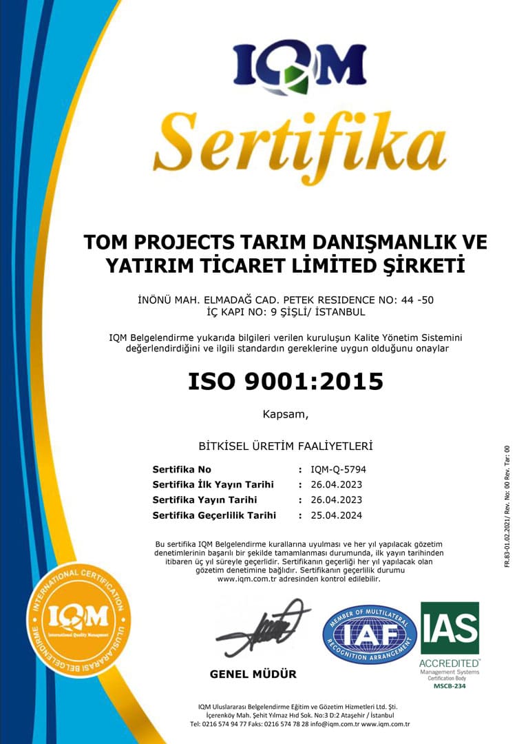 TOM Projects Agriculture investment in turkey certified